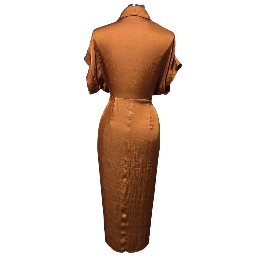 Steve Madden Women's Satin Draped Midi Shirt Dress Bronze Button Tie Waist Sz 6 - Picture 6 of 12